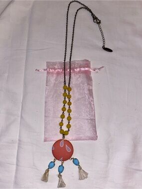 Plunder yellow bead necklace with coral disc and blue teardrop charms